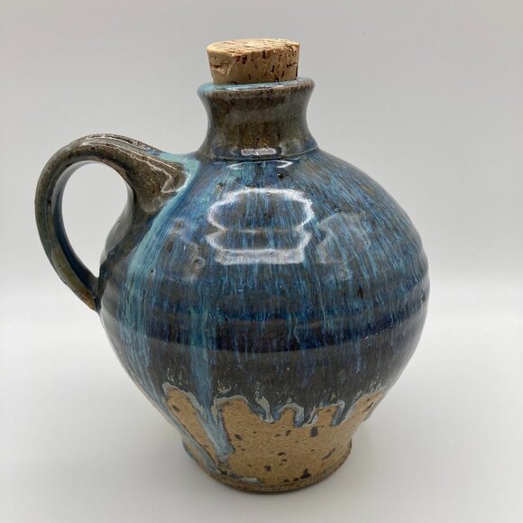 Unique Vintage Rare Pottery Jug Clay Whiskey Jug With Cork Stopper Singed Bottom - Picture 2 of 7